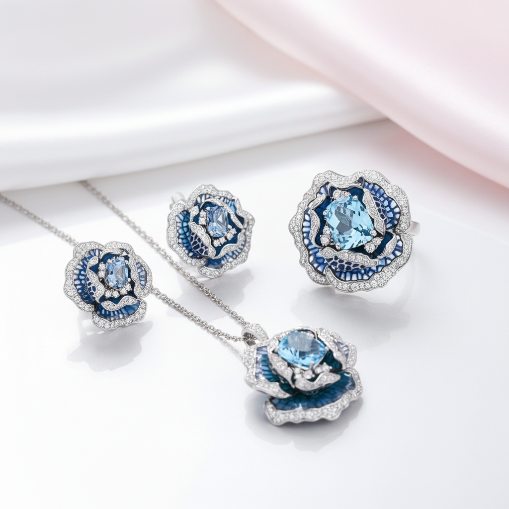 Blooming Blue Enamel Flower Jewelry Set-Black Diamonds New York
