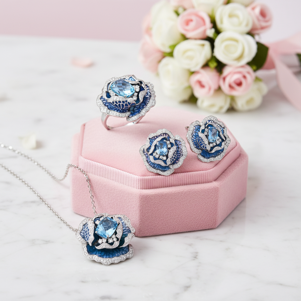 Blooming Blue Enamel Flower Jewelry Set-Black Diamonds New York