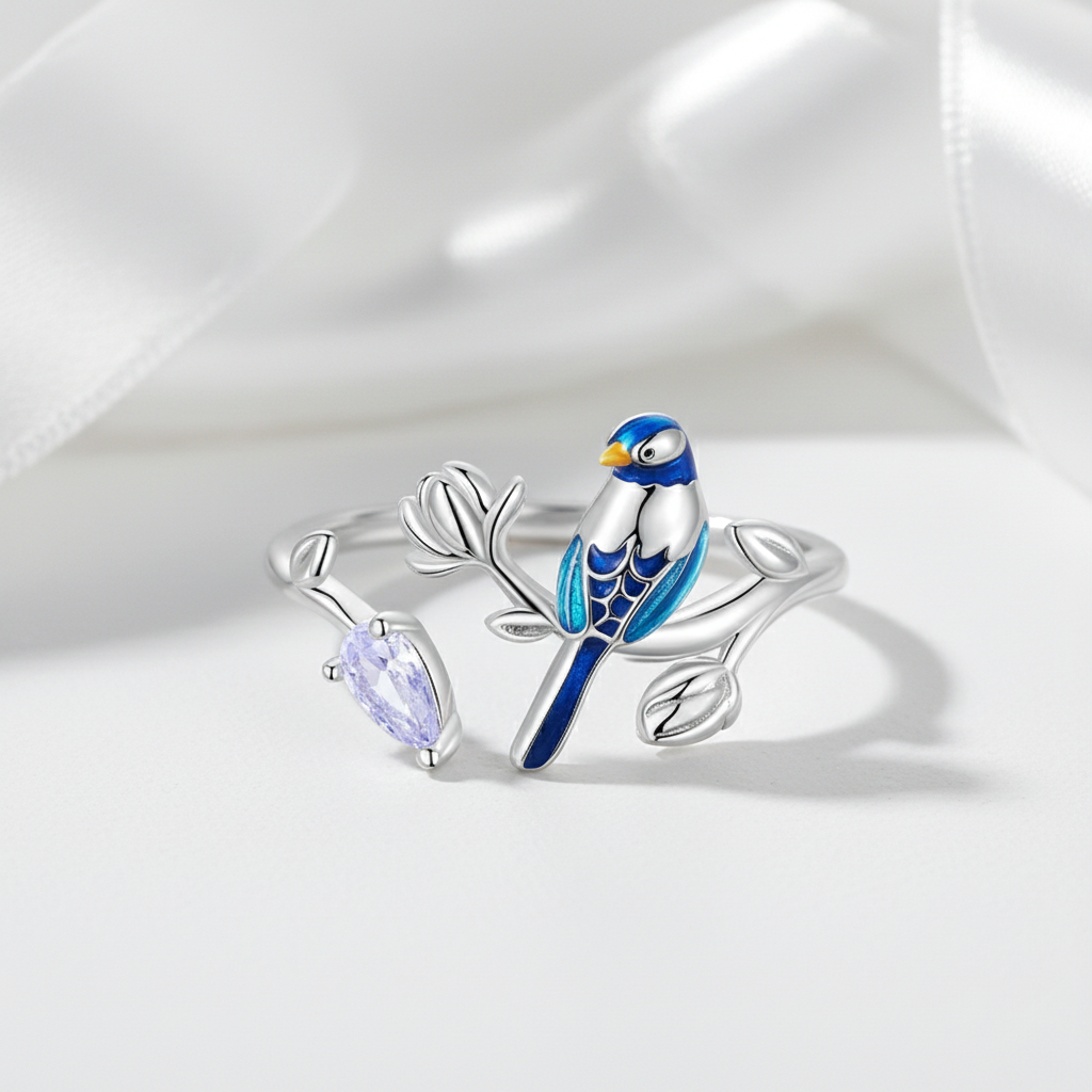 Blue Bird Dainty Leaf Open Ring-Black Diamonds New York