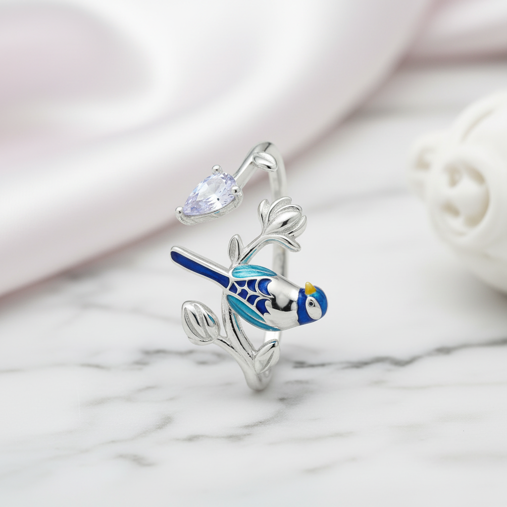 Blue Bird Dainty Leaf Open Ring-Black Diamonds New York