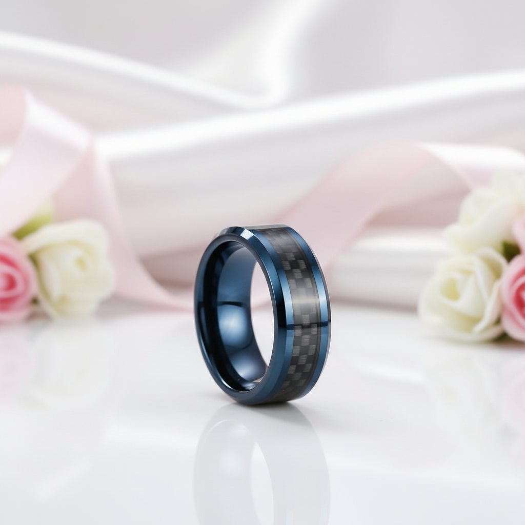 Blue & Black Classical Tungsten Wedding Band-Black Diamonds New York