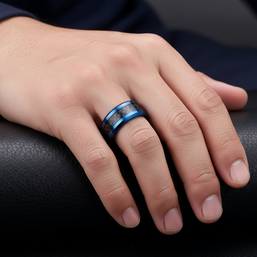 Blue & Black Classical Tungsten Wedding Band-Black Diamonds New York