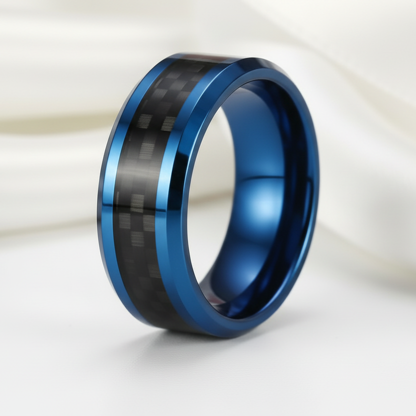Blue & Black Classical Tungsten Wedding Band-Black Diamonds New York