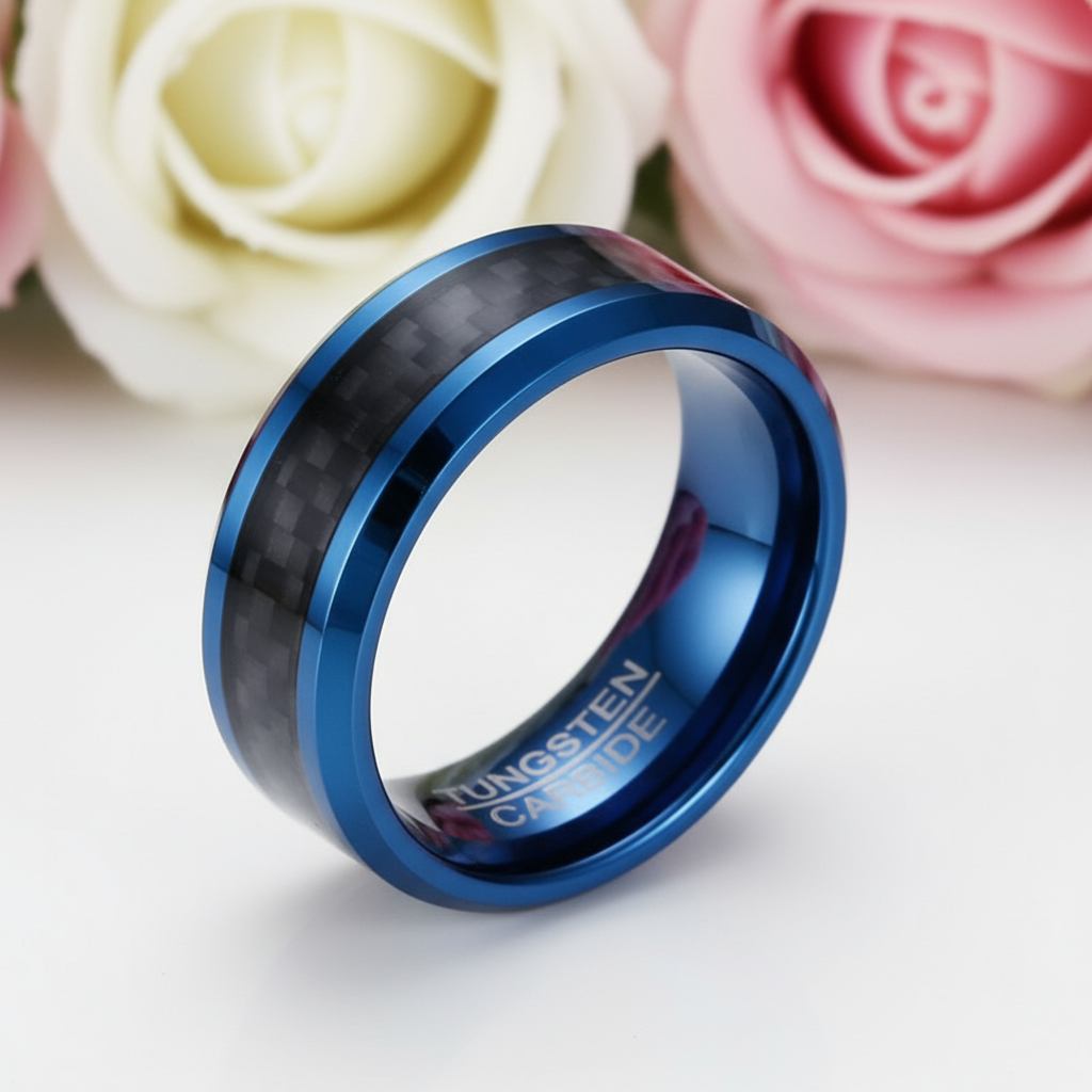 Blue & Black Classical Tungsten Wedding Band-Black Diamonds New York