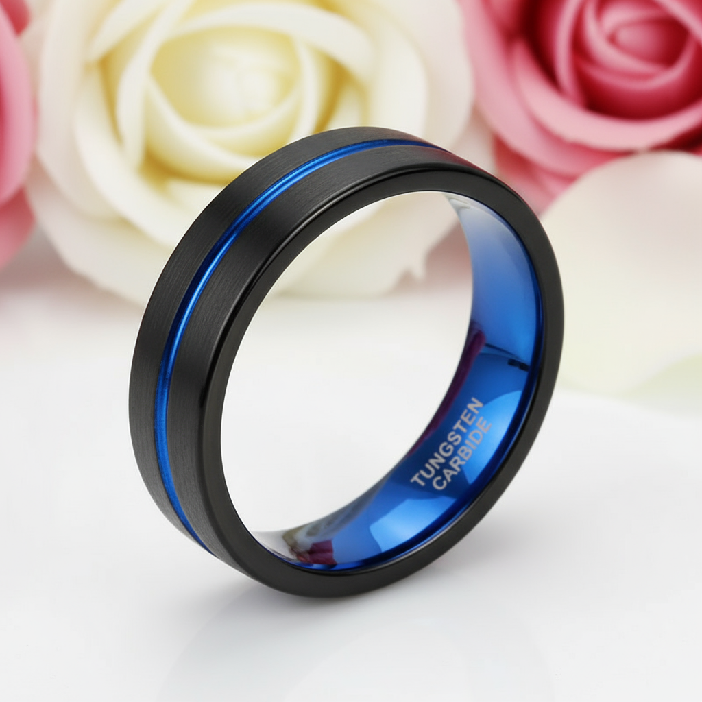 Blue Center Groove Tungsten Men's Wedding Band-Black Diamonds New York