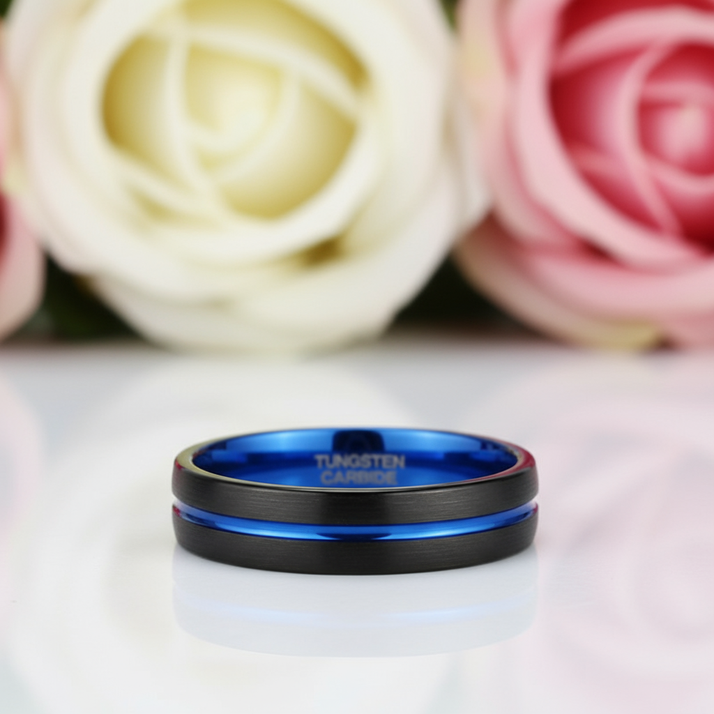 Blue Center Groove Tungsten Men's Wedding Band-Black Diamonds New York