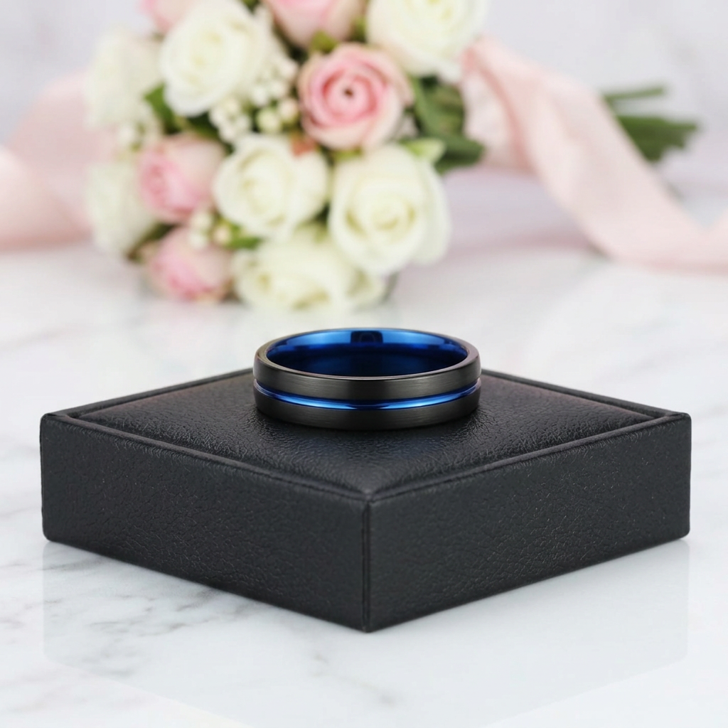 Blue Center Groove Tungsten Men's Wedding Band-Black Diamonds New York