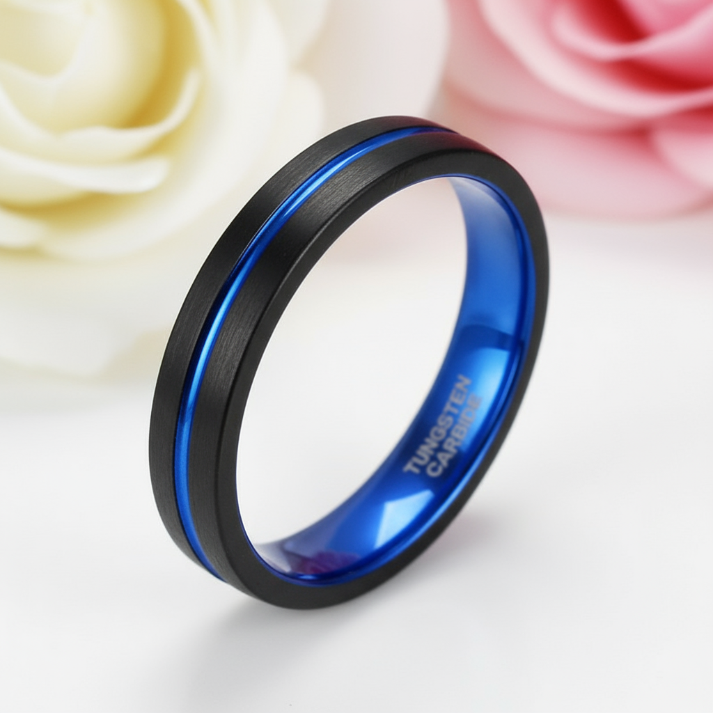 Blue Center Groove Tungsten Men's Wedding Band-Black Diamonds New York