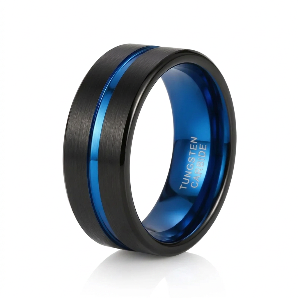 Blue Center Groove Tungsten Men's Wedding Band-Black Diamonds New York