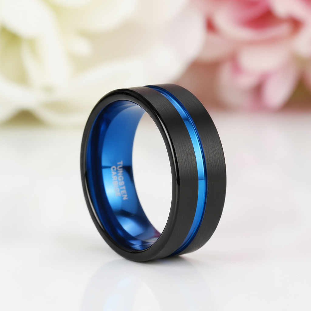 Blue Center Groove Tungsten Men's Wedding Band-Black Diamonds New York