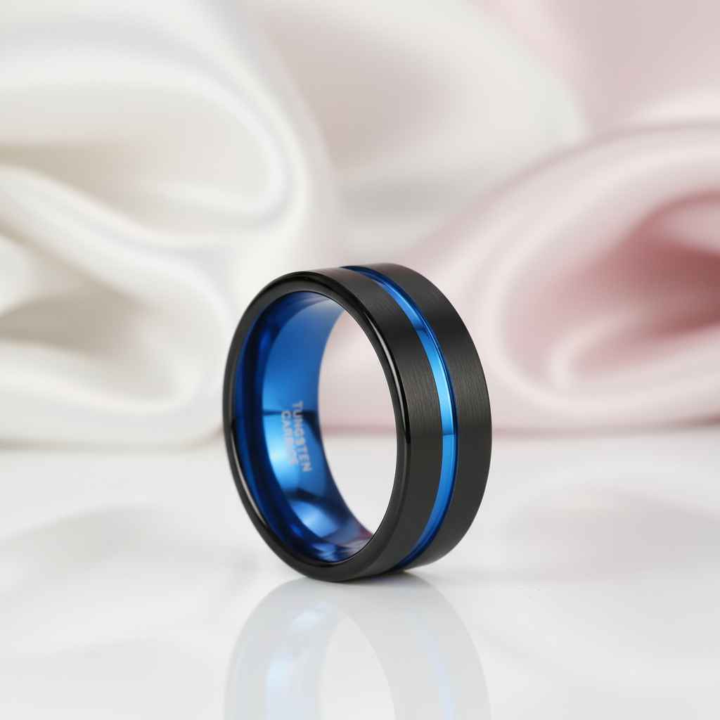 Blue Center Groove Tungsten Men's Wedding Band-Black Diamonds New York