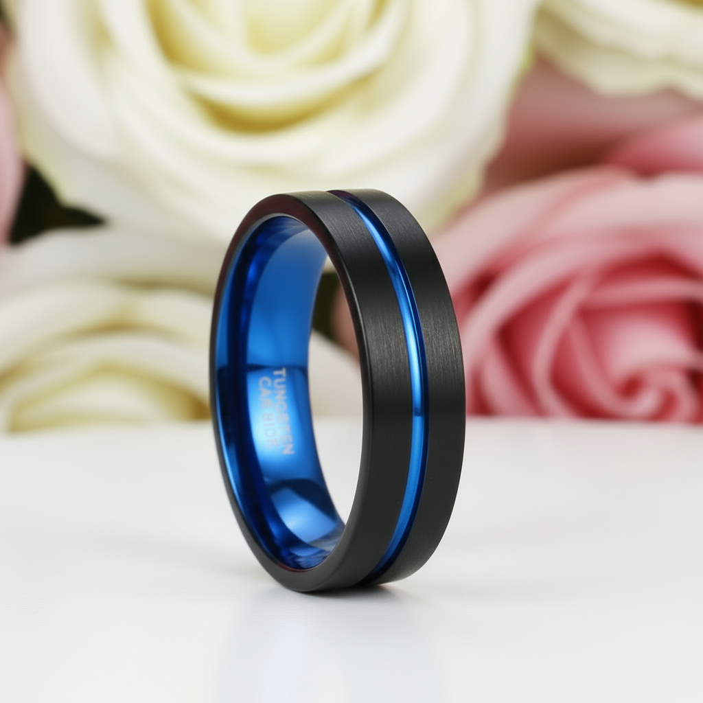 Blue Center Groove Tungsten Men's Wedding Band-Black Diamonds New York