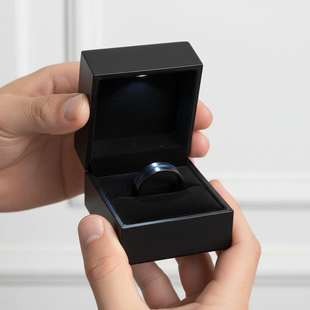 Blue Center Groove Tungsten Men's Wedding Band-Black Diamonds New York