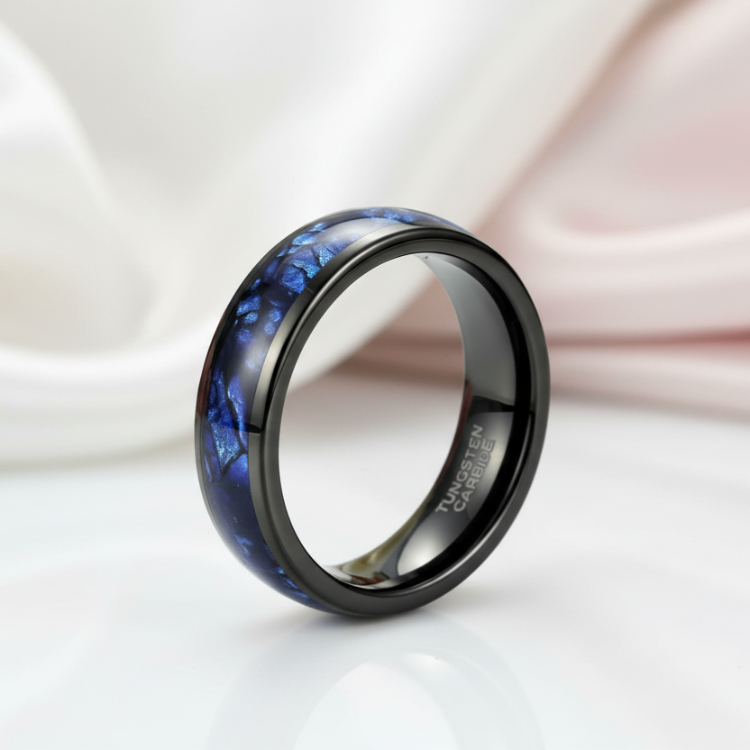Blue Crushed Shell Tungsten Wedding Band-Black Diamonds New York