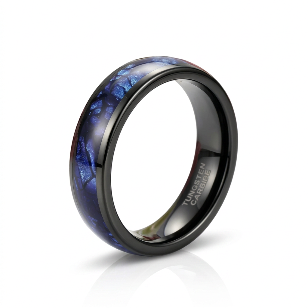 Blue Crushed Shell Tungsten Wedding Band-Black Diamonds New York