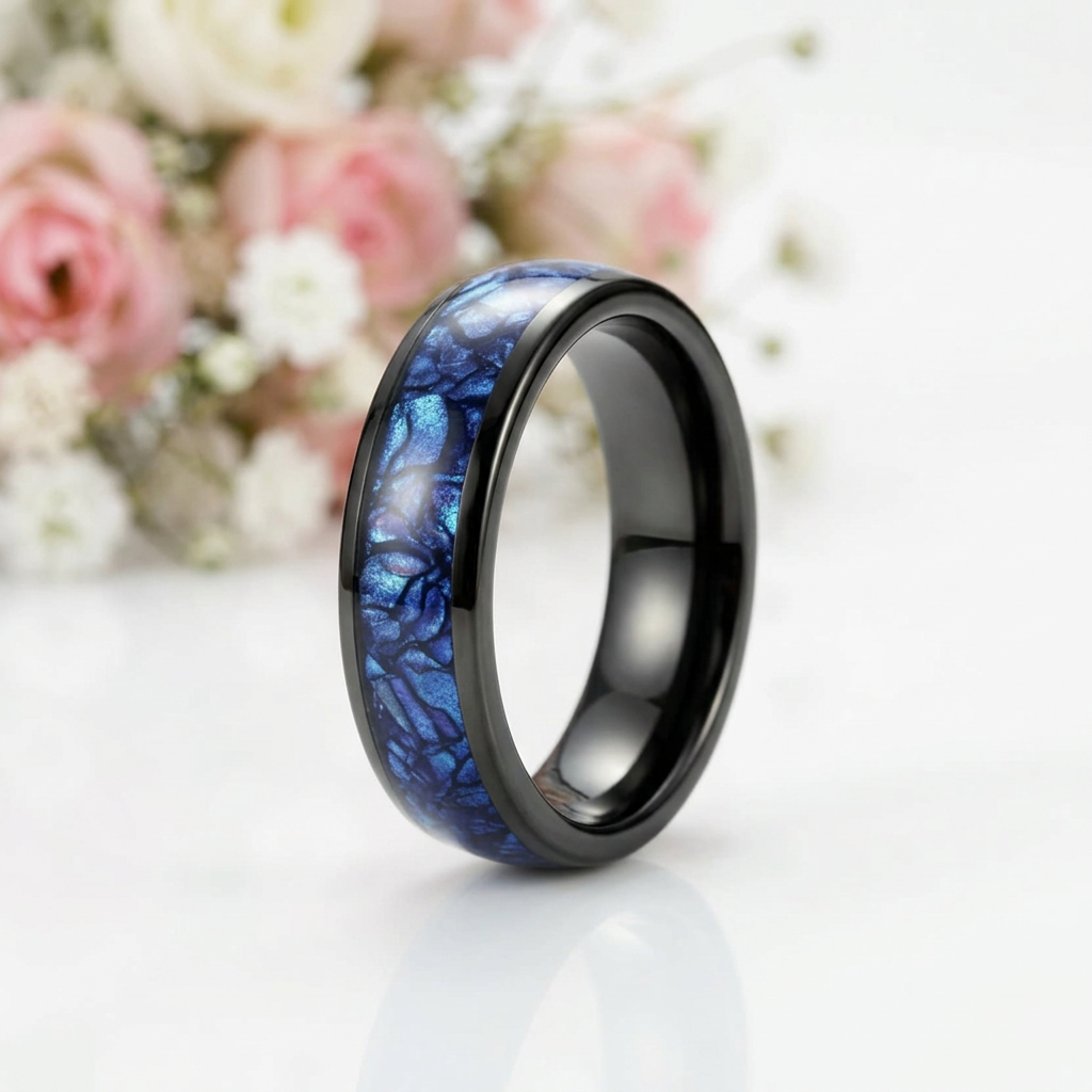 Blue Crushed Shell Tungsten Wedding Band-Black Diamonds New York