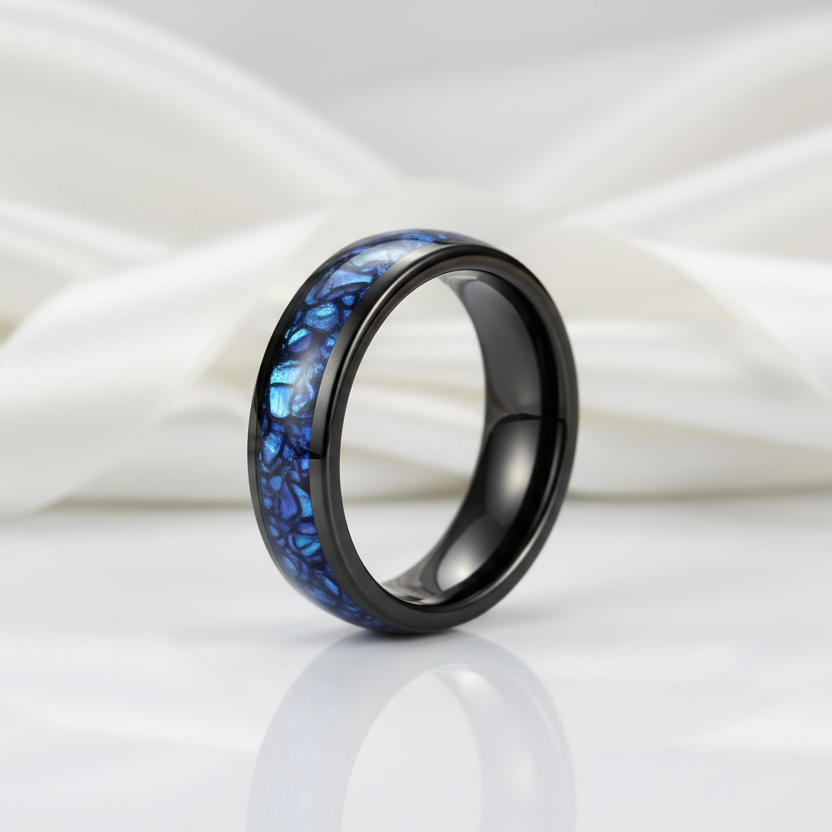 Blue Crushed Shell Tungsten Wedding Band-Black Diamonds New York