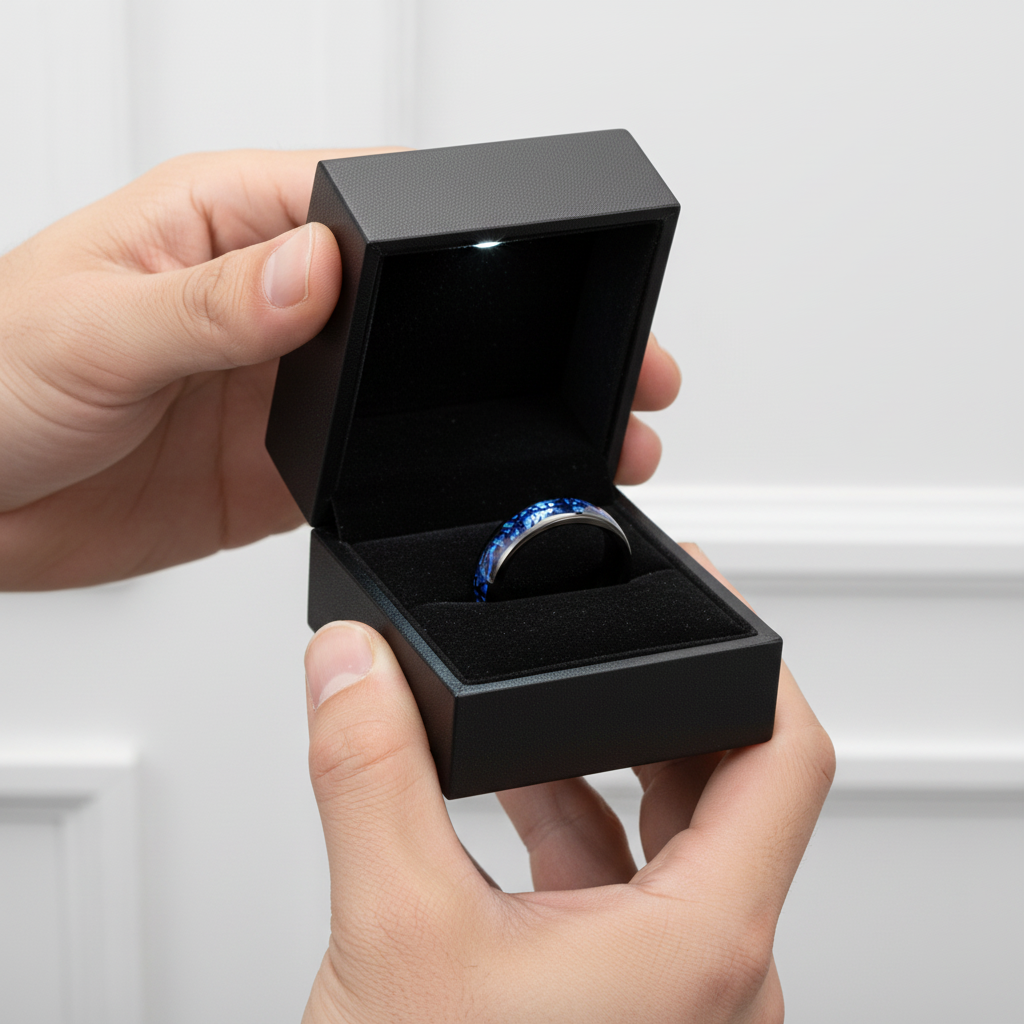 Blue Crushed Shell Tungsten Wedding Band-Black Diamonds New York