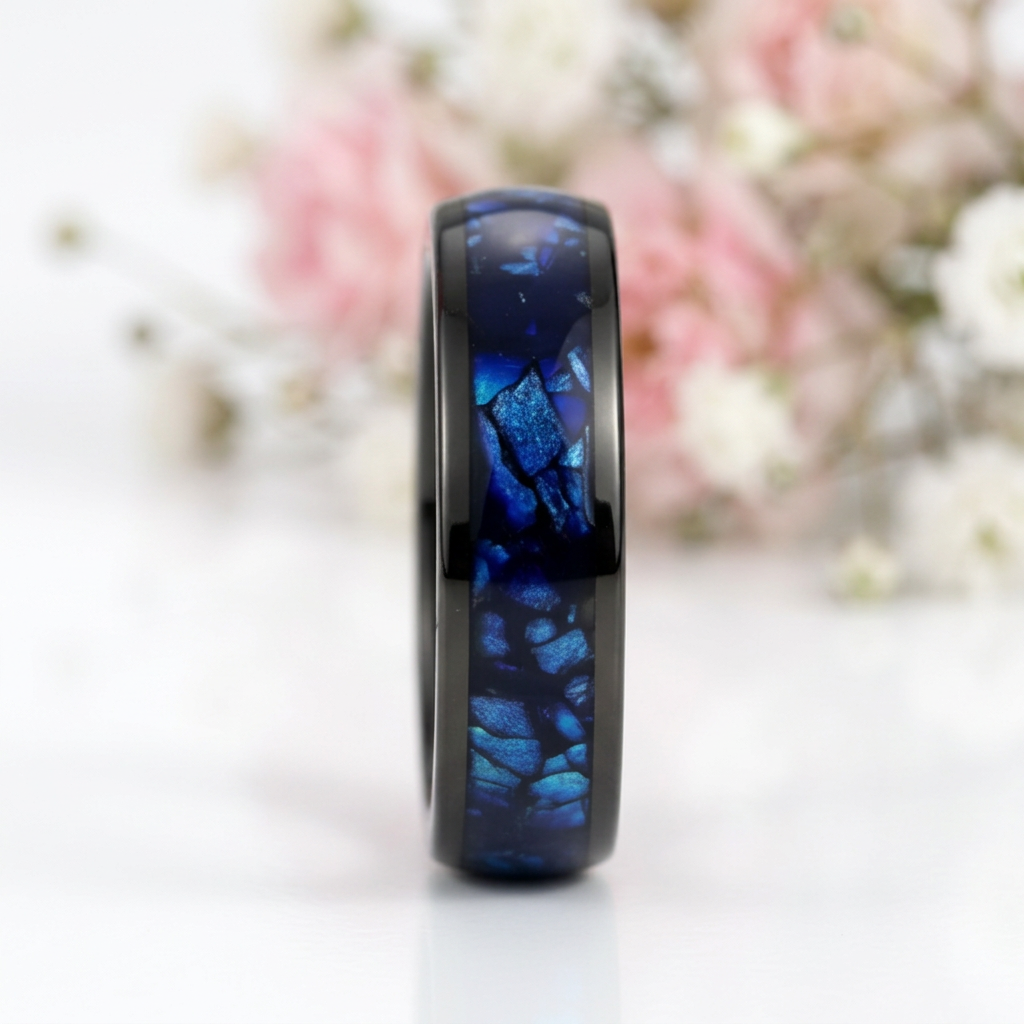 Blue Crushed Shell Tungsten Wedding Band-Black Diamonds New York