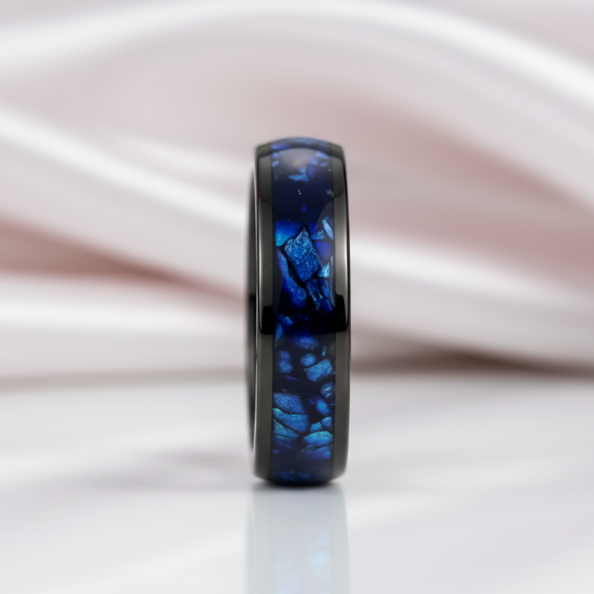Blue Crushed Shell Tungsten Wedding Band-Black Diamonds New York
