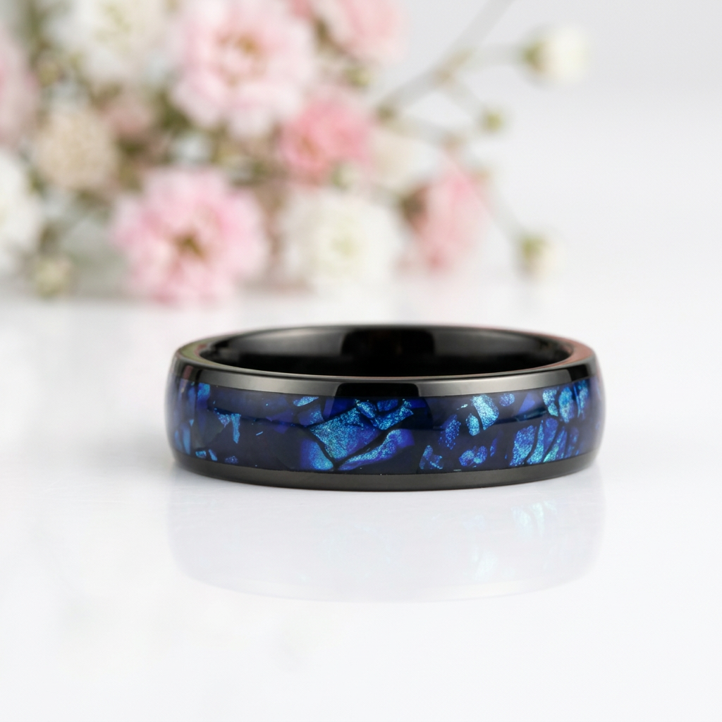 Blue Crushed Shell Tungsten Wedding Band-Black Diamonds New York