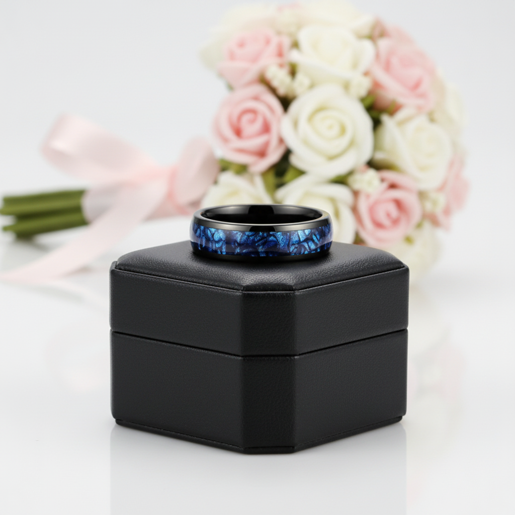 Blue Crushed Shell Tungsten Wedding Band-Black Diamonds New York