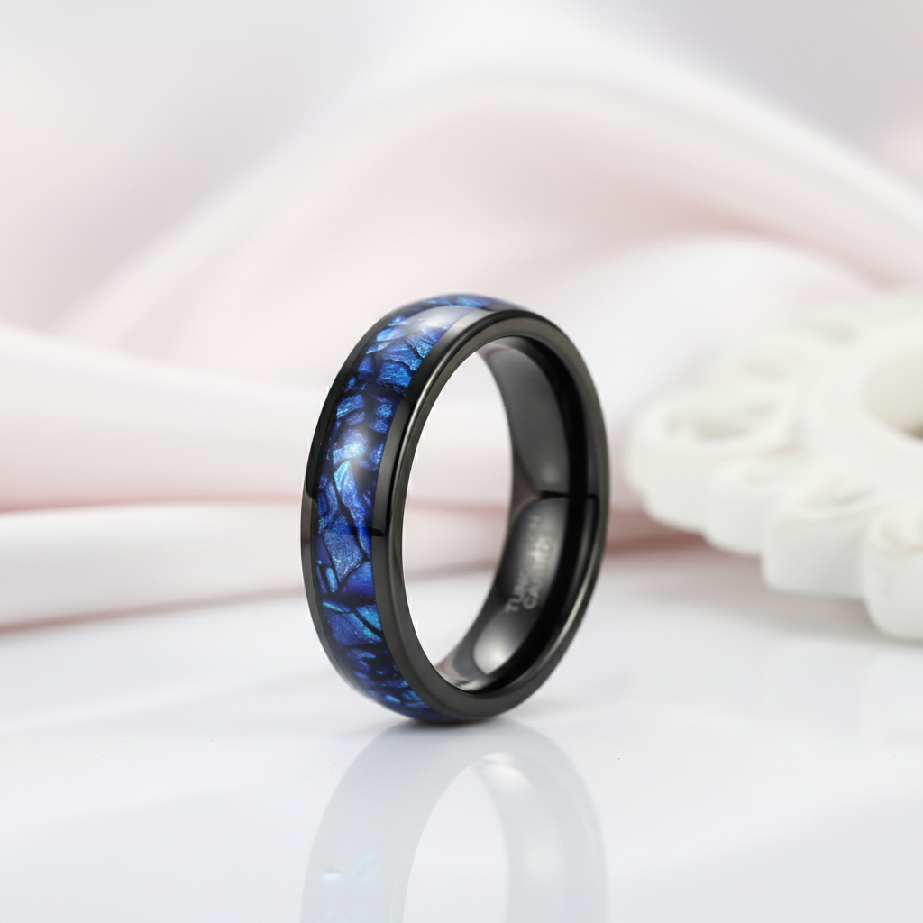 Blue Crushed Shell Tungsten Wedding Band-Black Diamonds New York