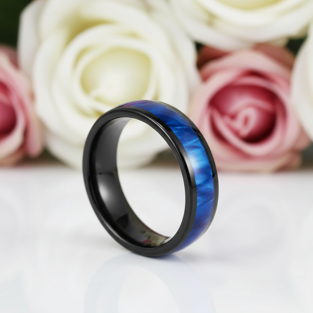 Blue Crushed Shell Tungsten Wedding Band-Black Diamonds New York