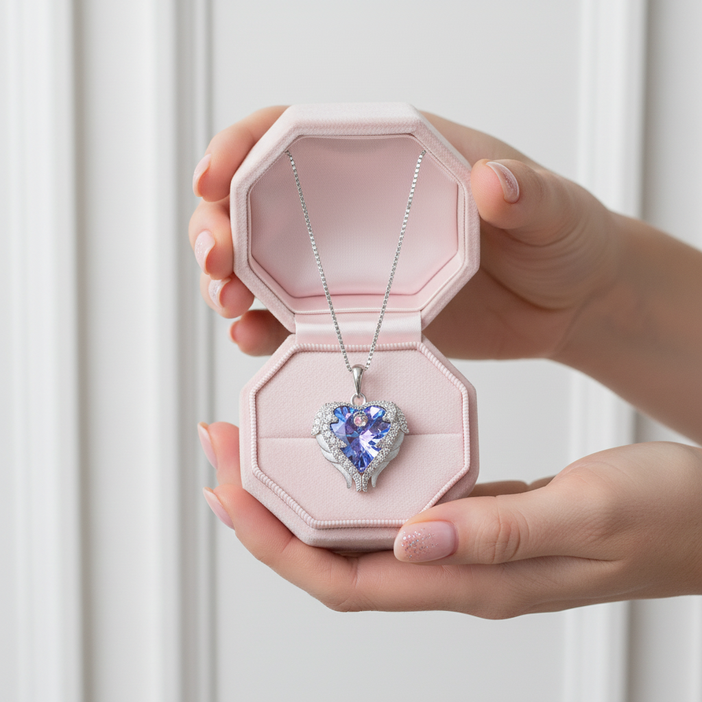 Blue Crystal Angel Wings Heart Shaped Women's Necklace-Black Diamonds New York