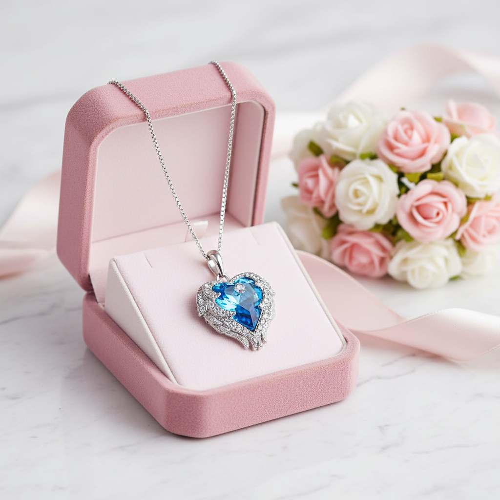 Blue Crystal Angel Wings Heart Shaped Women's Necklace-Black Diamonds New York