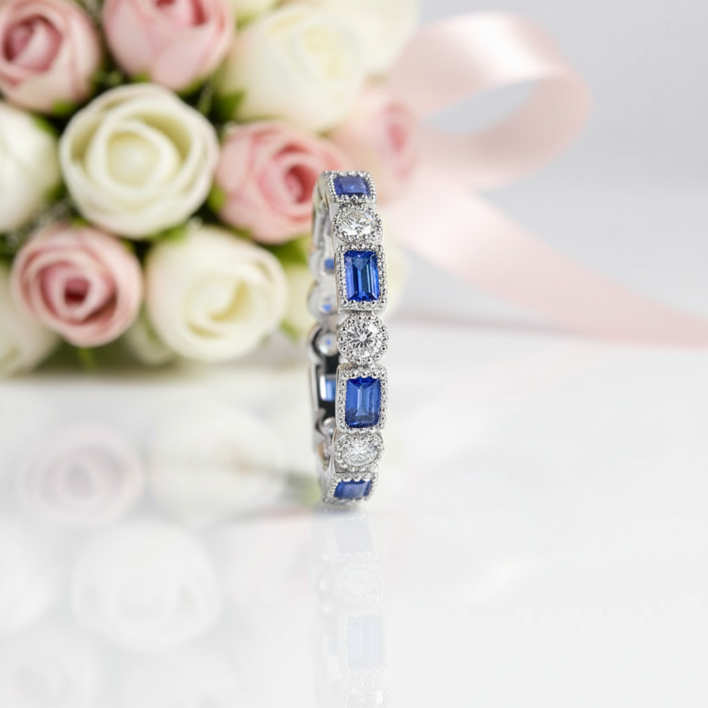 Blue Emerald Eternity Ring Band-Black Diamonds New York