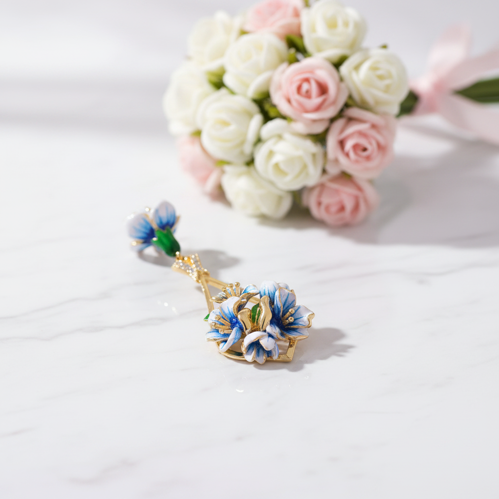 Blue Enamel Flower with Diamond Option Pendant-Black Diamonds New York