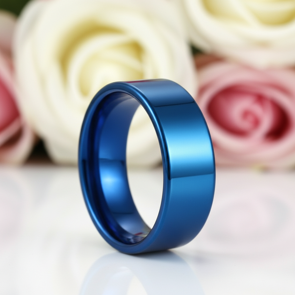 Blue Flat Men's 8mm Tungsten Carbide Wedding Band-Black Diamonds New York