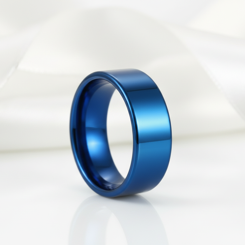 Blue Flat Men's 8mm Tungsten Carbide Wedding Band-Black Diamonds New York