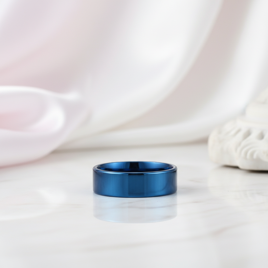 Blue Flat Men's 8mm Tungsten Carbide Wedding Band-Black Diamonds New York
