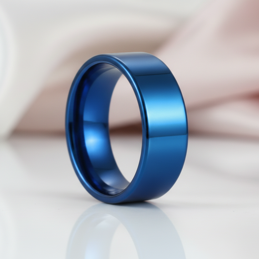 Blue Flat Men's 8mm Tungsten Carbide Wedding Band-Black Diamonds New York