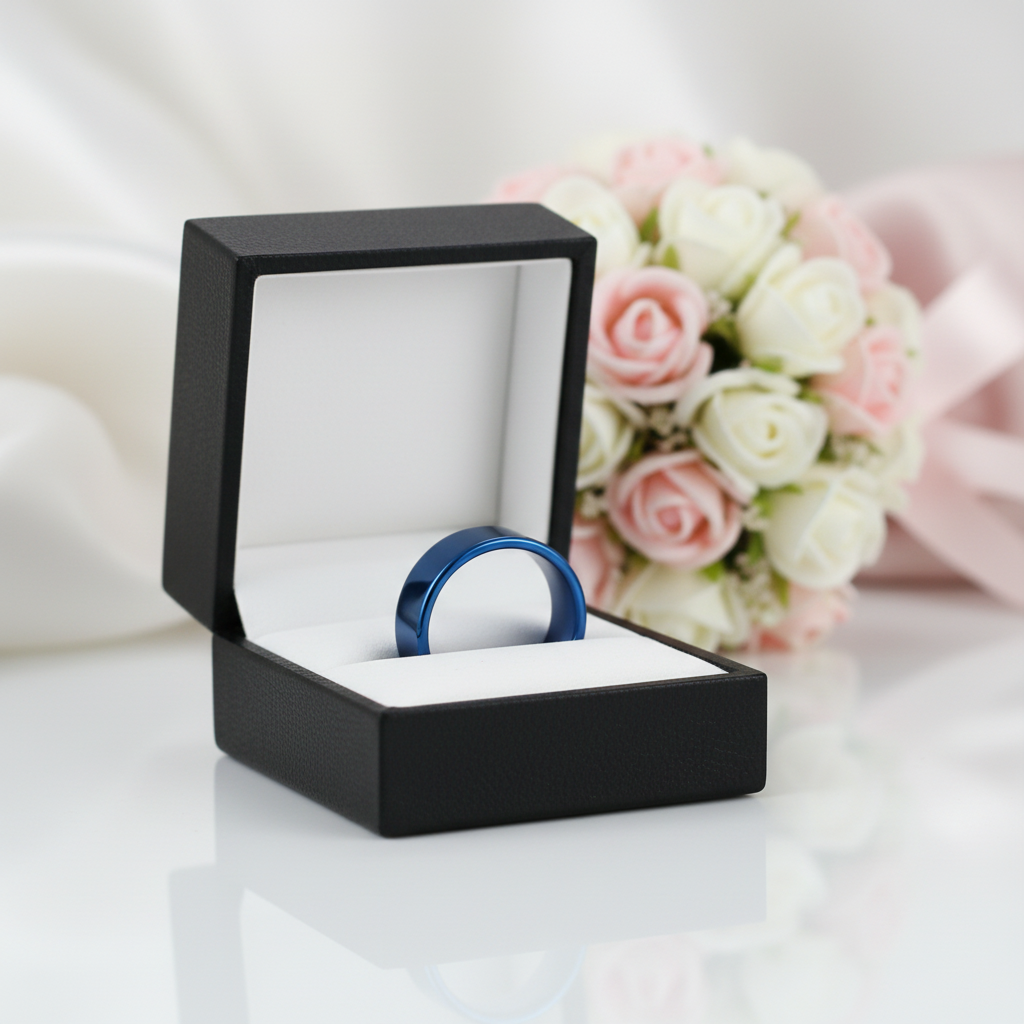 Blue Flat Men's 8mm Tungsten Carbide Wedding Band-Black Diamonds New York