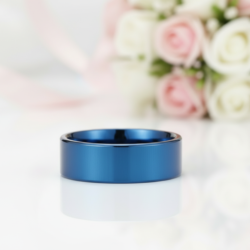 Blue Flat Men's 8mm Tungsten Carbide Wedding Band-Black Diamonds New York