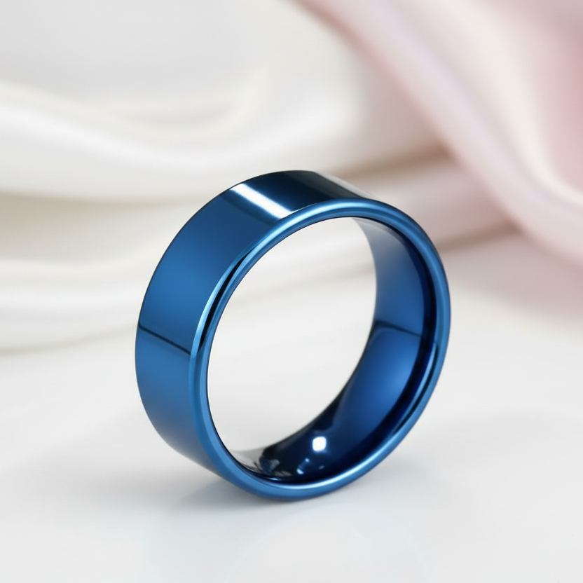 Blue Flat Men's 8mm Tungsten Carbide Wedding Band-Black Diamonds New York