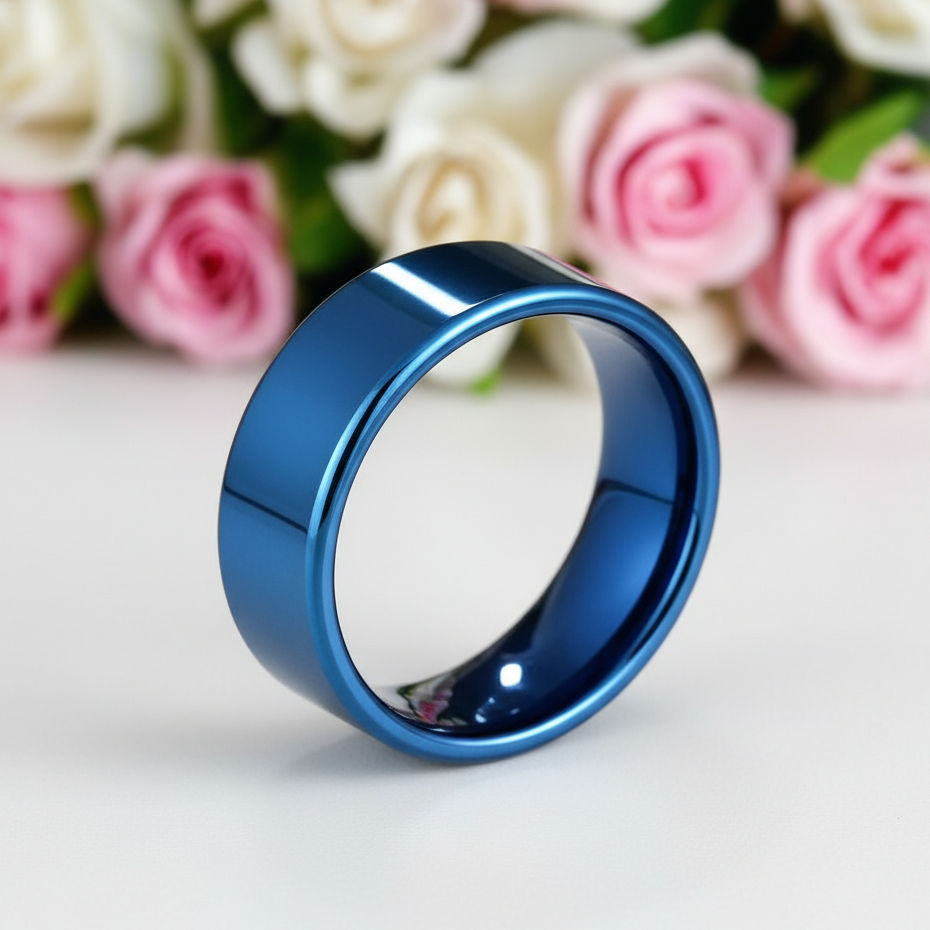 Blue Flat Men's 8mm Tungsten Carbide Wedding Band-Black Diamonds New York