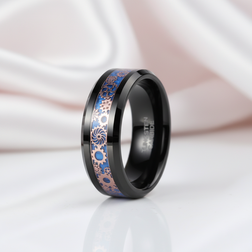 Blue & Gears Inlay Men's Tungsten Wedding Band-Black Diamonds New York