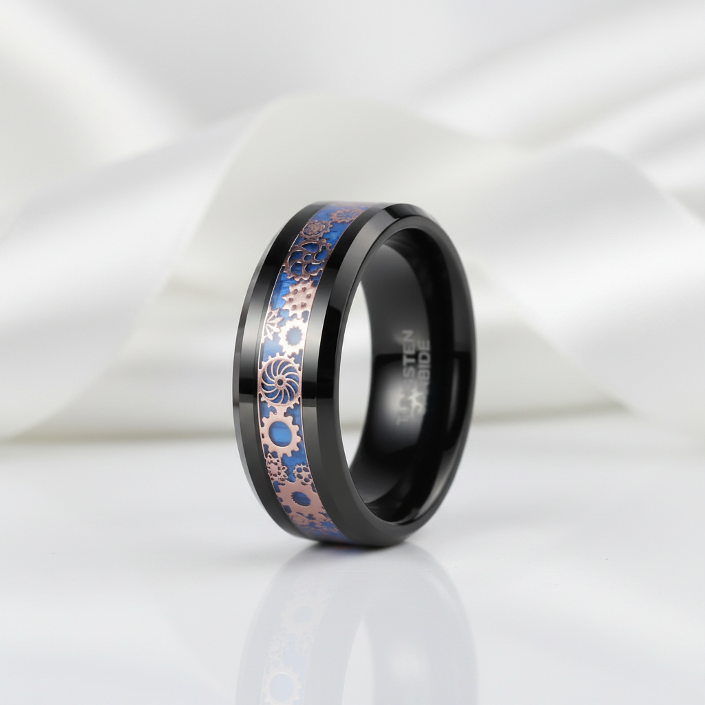 Blue & Gears Inlay Men's Tungsten Wedding Band-Black Diamonds New York