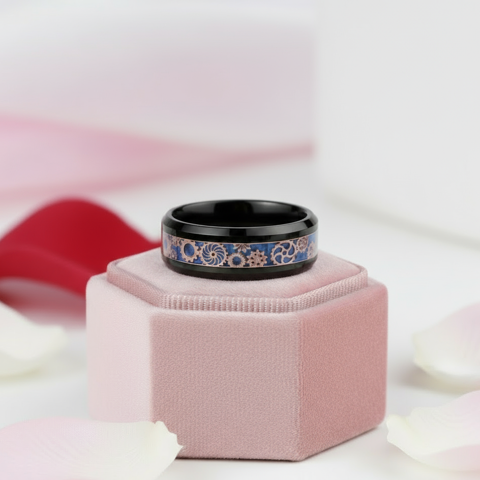 Blue & Gears Inlay Men's Tungsten Wedding Band-Black Diamonds New York