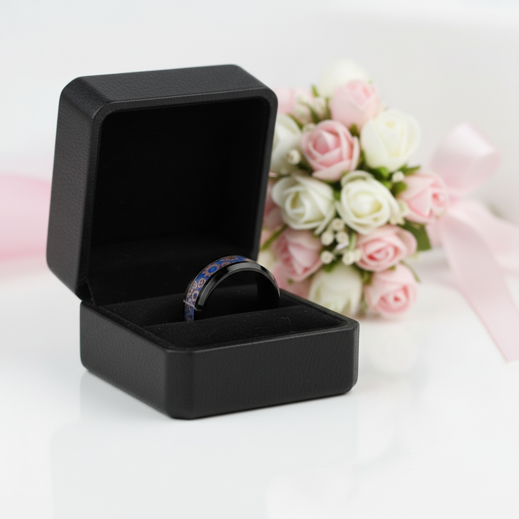 Blue & Gears Inlay Men's Tungsten Wedding Band-Black Diamonds New York