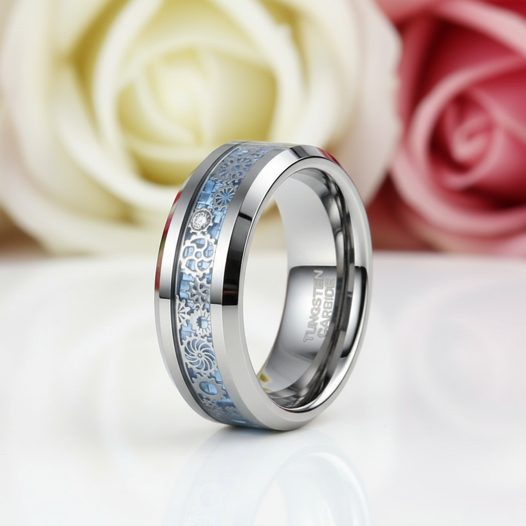 Blue & Gears Inlay Men's Tungsten Wedding Band-Black Diamonds New York