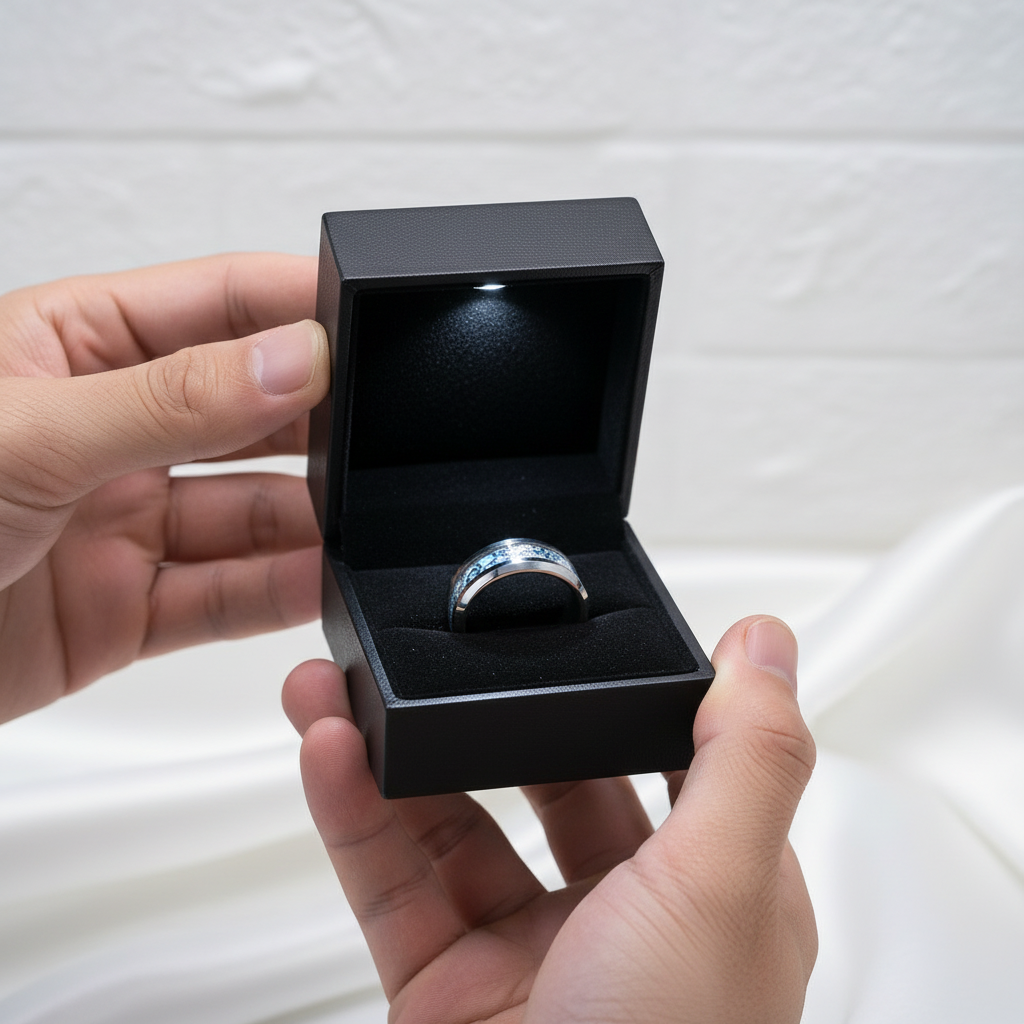 Blue & Gears Inlay Men's Tungsten Wedding Band-Black Diamonds New York