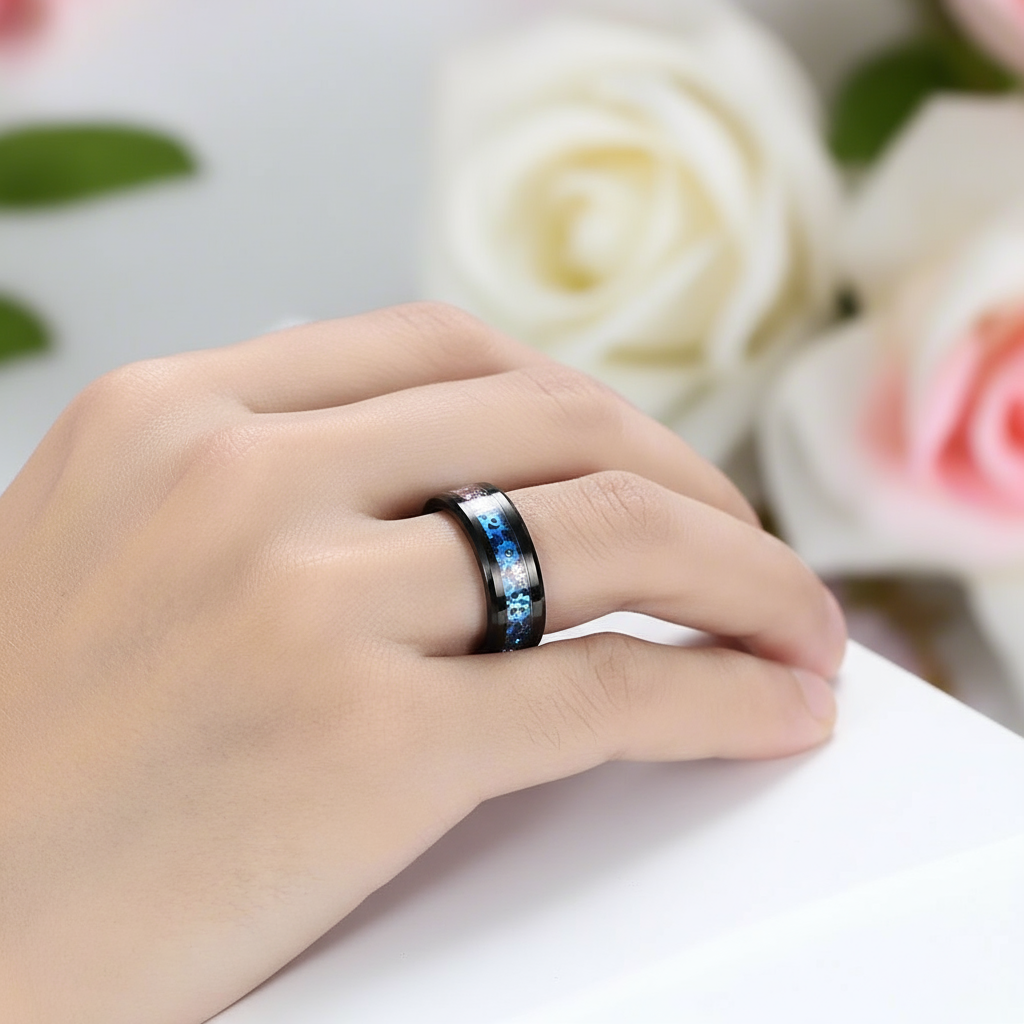 Blue & Gears Inlay Men's Tungsten Wedding Band-Black Diamonds New York