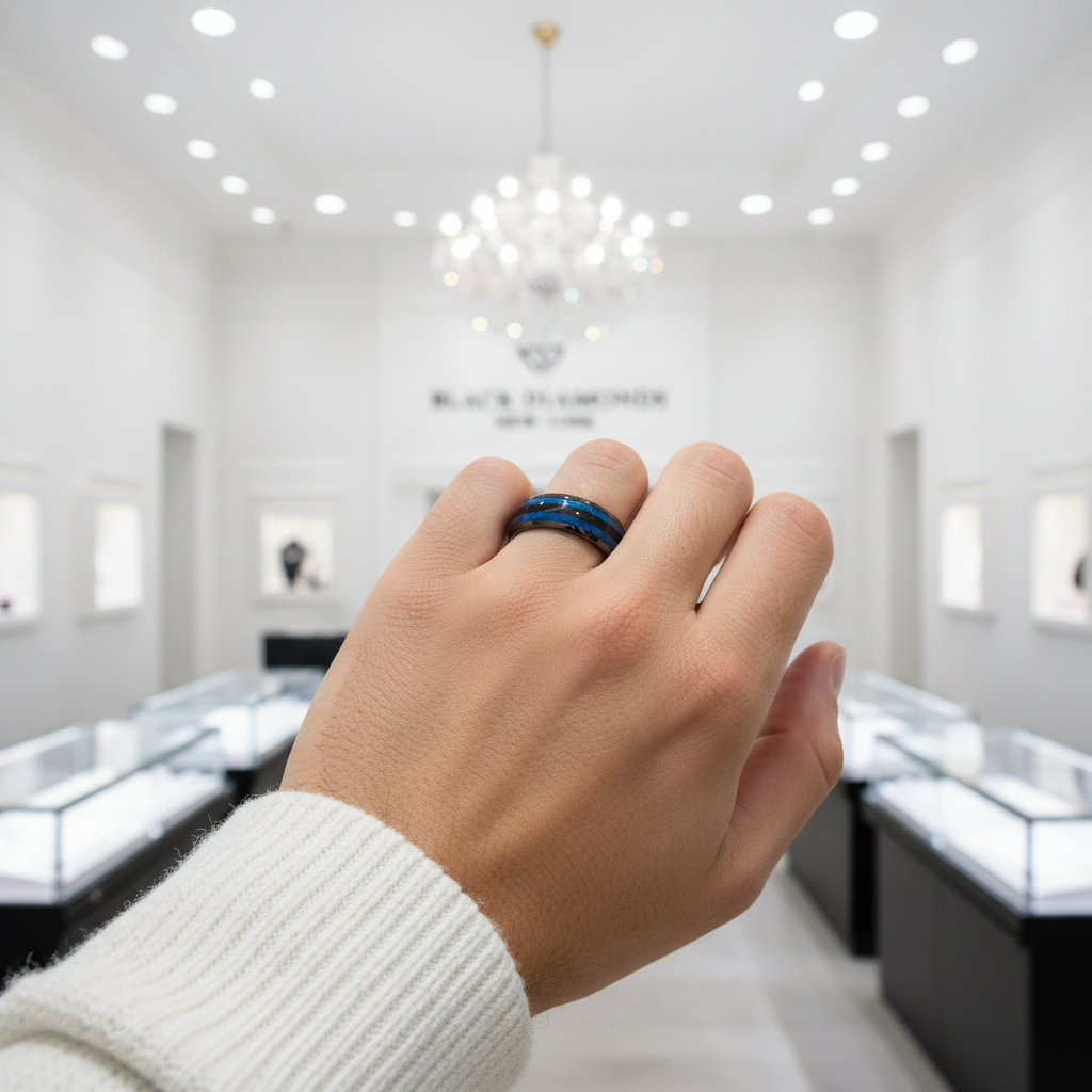 Blue Maple Inlay Men's Tungsten Wedding Band-Black Diamonds New York