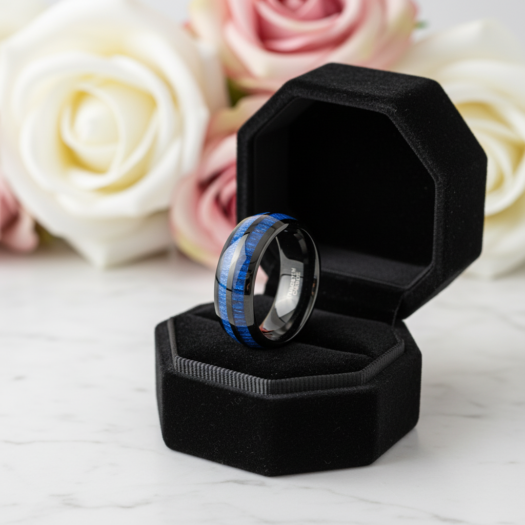 Blue Maple Inlay Men's Tungsten Wedding Band-Black Diamonds New York