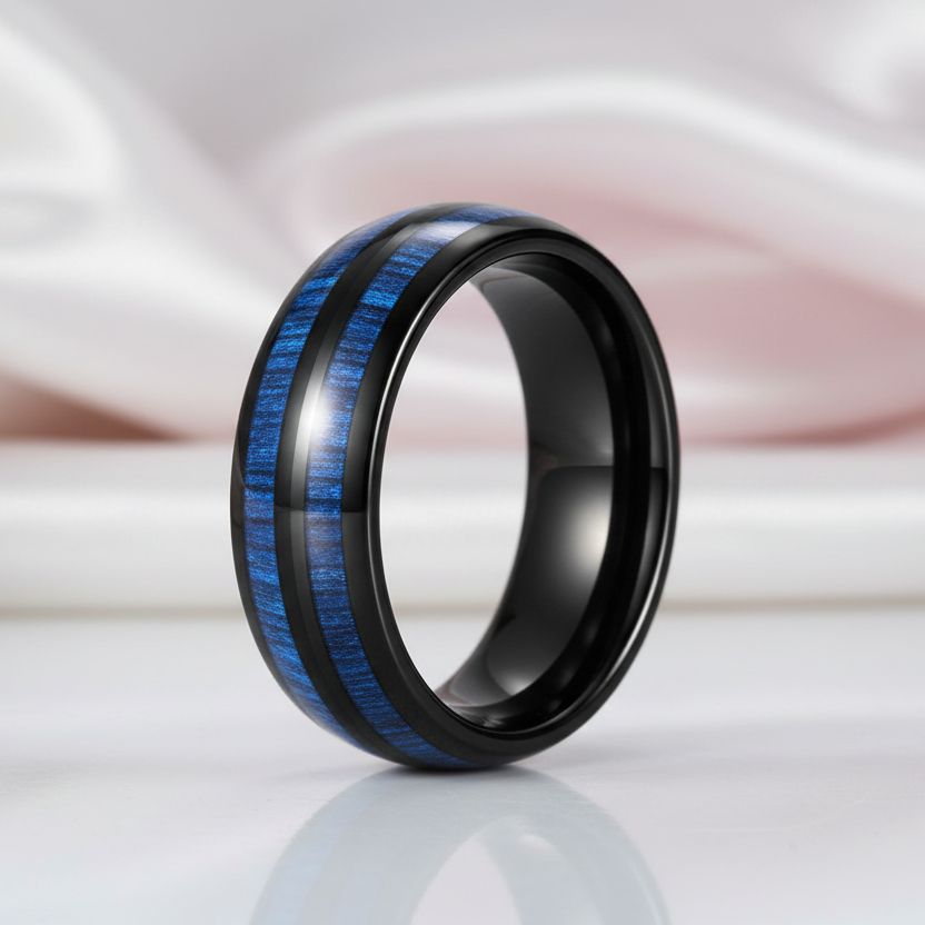 Blue Maple Inlay Men's Tungsten Wedding Band-Black Diamonds New York